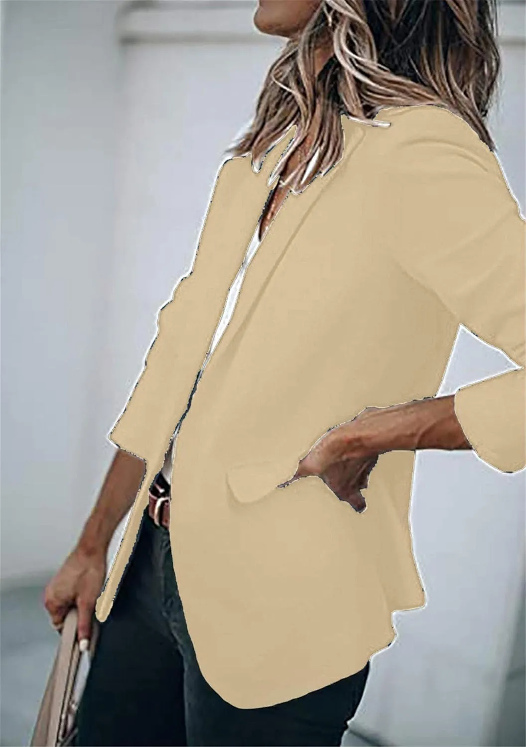 WIWIQS Women's Long Sleeve Open Front Blazer Lapel Work Office Casual Suit Solid Color Comfy Blazers