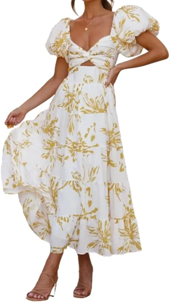 Women 2024 Summer Flowy Dresses Puff Sleeve Sweetheart Neck Twist Knot Front Floral Maxi Dress Beach Wedding Guest Sundress