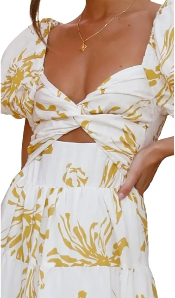 Women 2024 Summer Flowy Dresses Puff Sleeve Sweetheart Neck Twist Knot Front Floral Maxi Dress Beach Wedding Guest Sundress