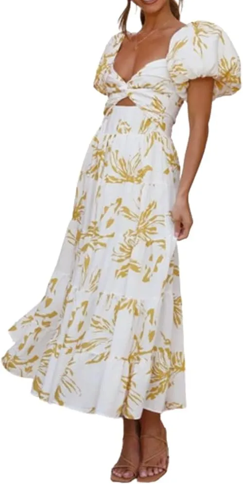 Women 2024 Summer Flowy Dresses Puff Sleeve Sweetheart Neck Twist Knot Front Floral Maxi Dress Beach Wedding Guest Sundress