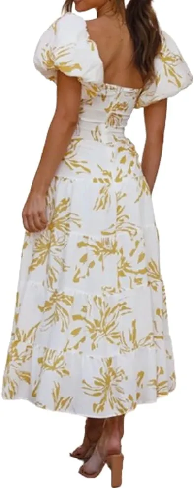 Women 2024 Summer Flowy Dresses Puff Sleeve Sweetheart Neck Twist Knot Front Floral Maxi Dress Beach Wedding Guest Sundress