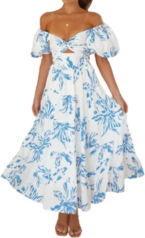 Women 2024 Summer Flowy Dresses Puff Sleeve Sweetheart Neck Twist Knot Front Floral Maxi Dress Beach Wedding Guest Sundress