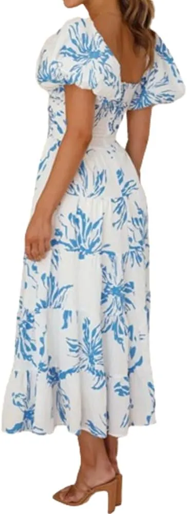Women 2024 Summer Flowy Dresses Puff Sleeve Sweetheart Neck Twist Knot Front Floral Maxi Dress Beach Wedding Guest Sundress