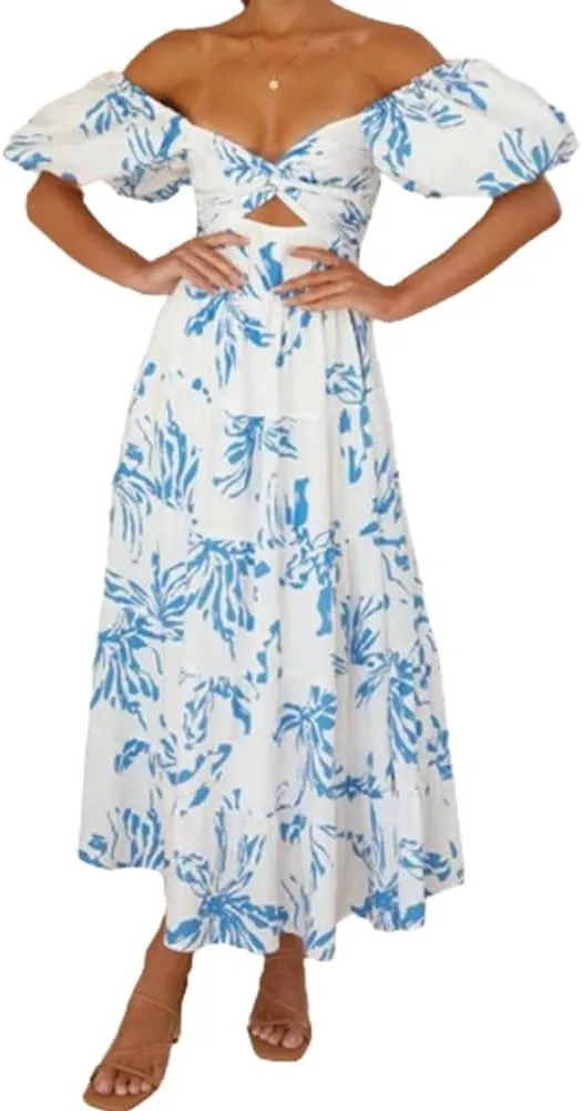 Women 2024 Summer Flowy Dresses Puff Sleeve Sweetheart Neck Twist Knot Front Floral Maxi Dress Beach Wedding Guest Sundress
