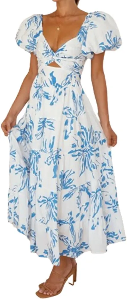 Women 2024 Summer Flowy Dresses Puff Sleeve Sweetheart Neck Twist Knot Front Floral Maxi Dress Beach Wedding Guest Sundress