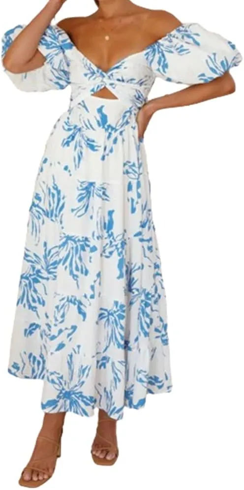 Women 2024 Summer Flowy Dresses Puff Sleeve Sweetheart Neck Twist Knot Front Floral Maxi Dress Beach Wedding Guest Sundress