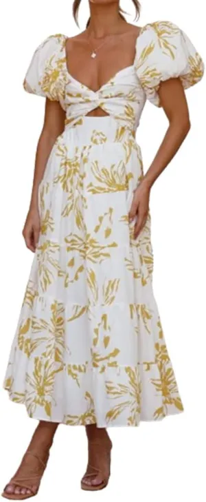 Women 2024 Summer Flowy Dresses Puff Sleeve Sweetheart Neck Twist Knot Front Floral Maxi Dress Beach Wedding Guest Sundress