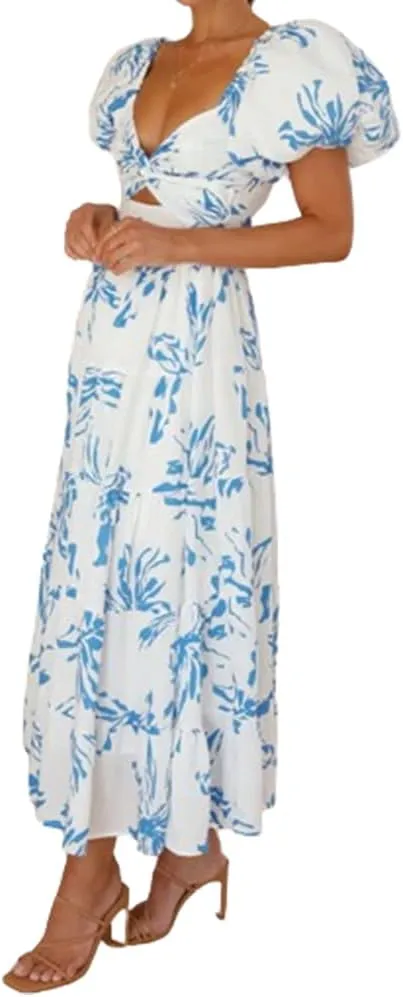 Women 2024 Summer Flowy Dresses Puff Sleeve Sweetheart Neck Twist Knot Front Floral Maxi Dress Beach Wedding Guest Sundress