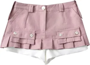 Women A Line Mini Denim Shorts Fashion Summer Casual Solid High Waisted Pleated Ruffle Hem Jean Short Lining Skirt