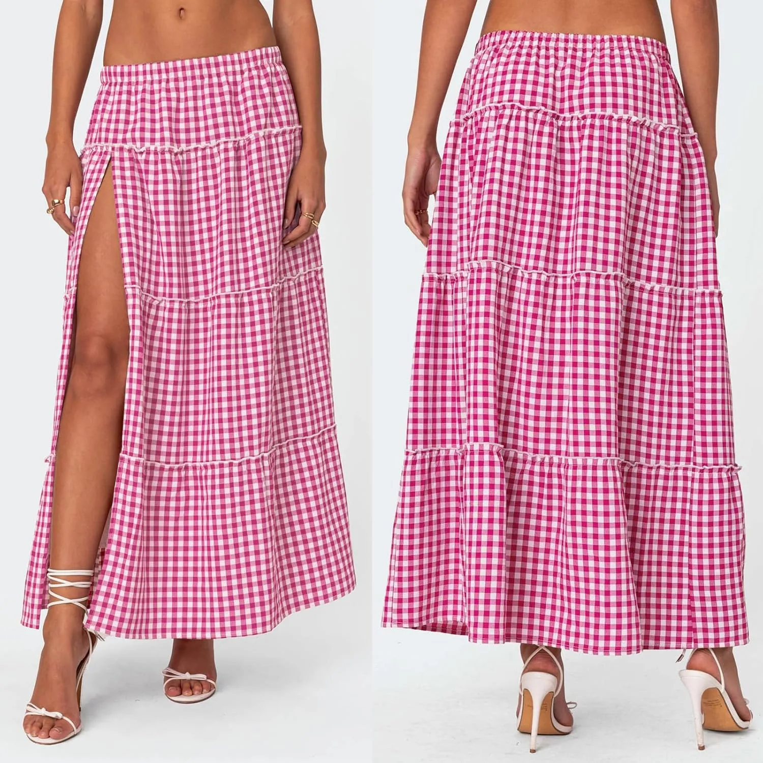 Women Boho Floral Long Maxi Skirt Vintage High Waist A-Line Midi Skirt Tiered Pleated Swing Skirt with Pockets