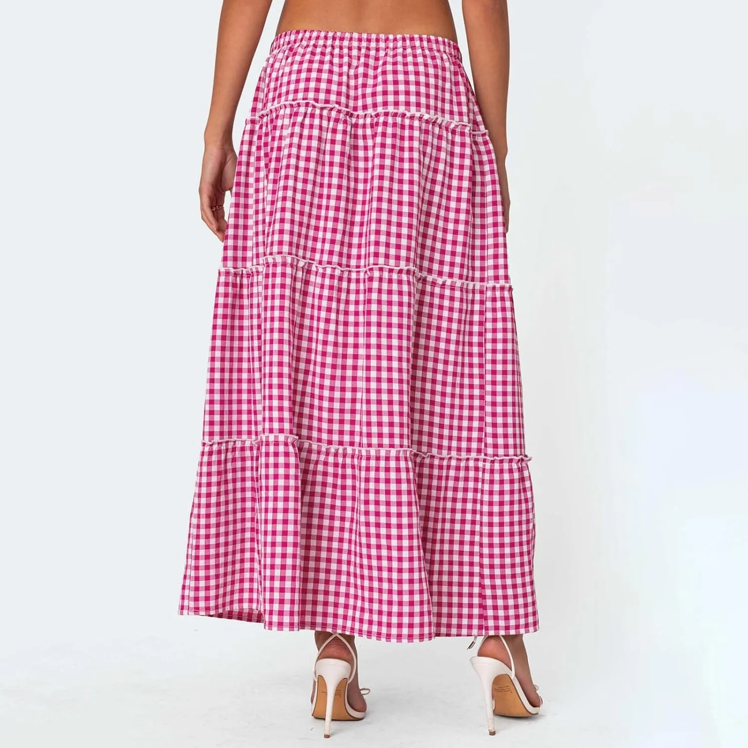 Women Boho Floral Long Maxi Skirt Vintage High Waist A-Line Midi Skirt Tiered Pleated Swing Skirt with Pockets