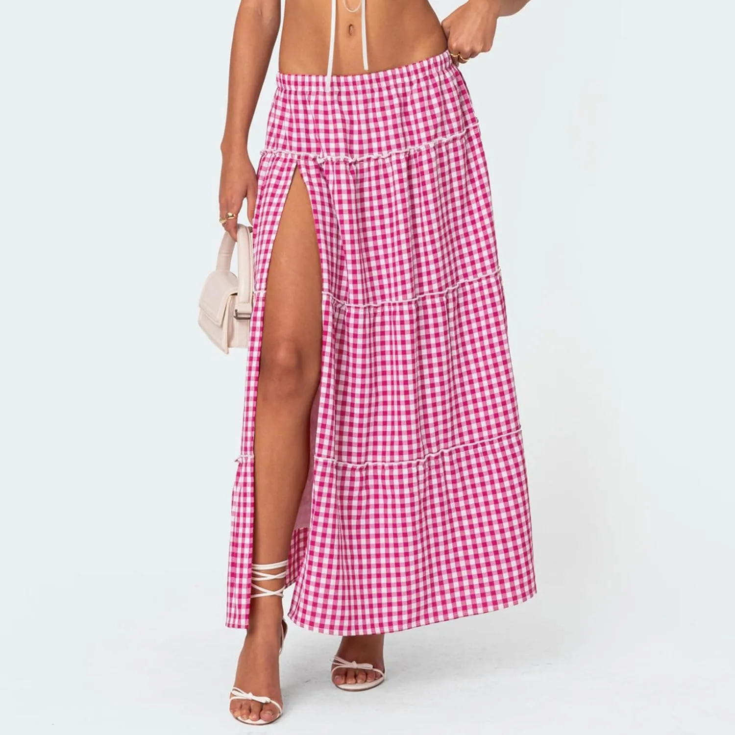Women Boho Floral Long Maxi Skirt Vintage High Waist A-Line Midi Skirt Tiered Pleated Swing Skirt with Pockets