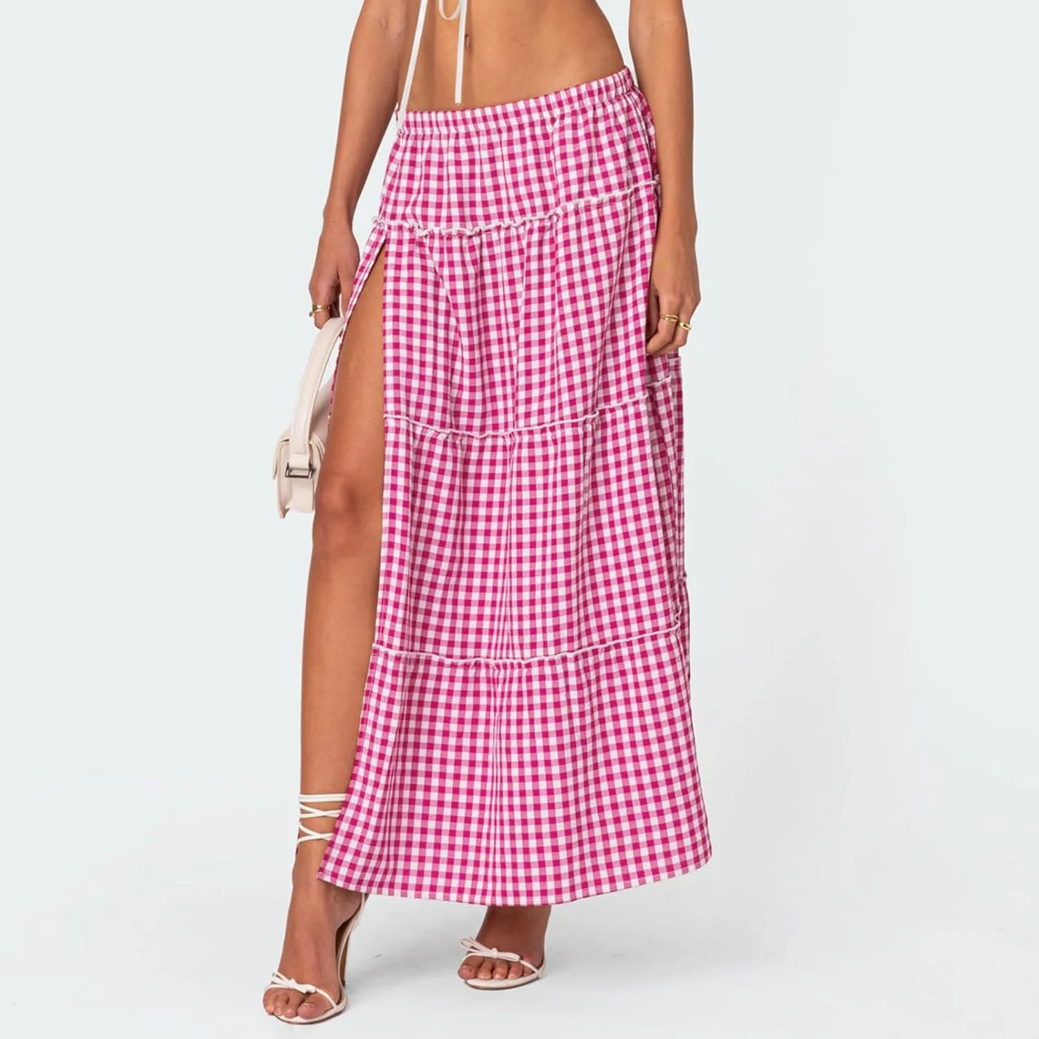 Women Boho Floral Long Maxi Skirt Vintage High Waist A-Line Midi Skirt Tiered Pleated Swing Skirt with Pockets
