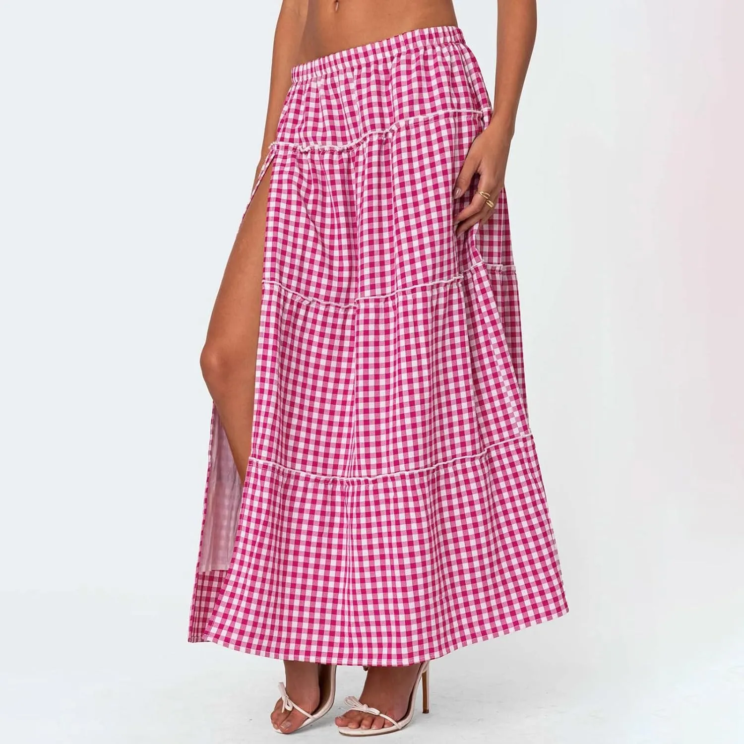 Women Boho Floral Long Maxi Skirt Vintage High Waist A-Line Midi Skirt Tiered Pleated Swing Skirt with Pockets