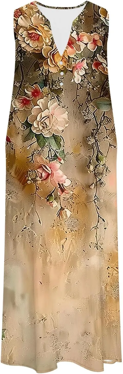 Women Boho Floral Print Midi Sun Dresses Casual Sleeveless Loose Flowy Dress Elegant Summer Beach Sundress with Pocket