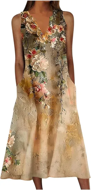 Women Boho Floral Print Midi Sun Dresses Casual Sleeveless Loose Flowy Dress Elegant Summer Beach Sundress with Pocket