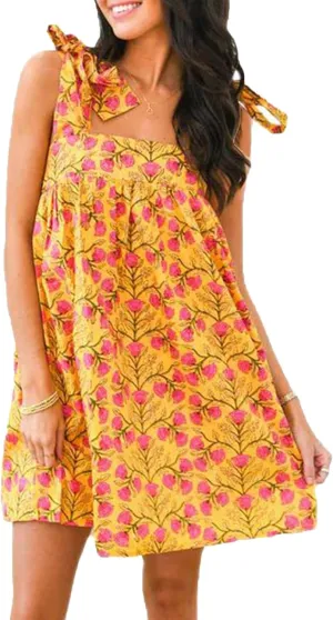 Women Boho Floral Short Dress Tie Shoulder Sleeveless Dress Flowy Babydoll Mini Dresses Summer Holiday Sundress