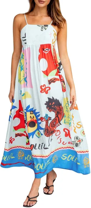 Women Boho Graffiti Long Dress Graphic Spaghetti Strap Flowy Dress Square Neck Colorful A Line Sundress 2024 Trendy