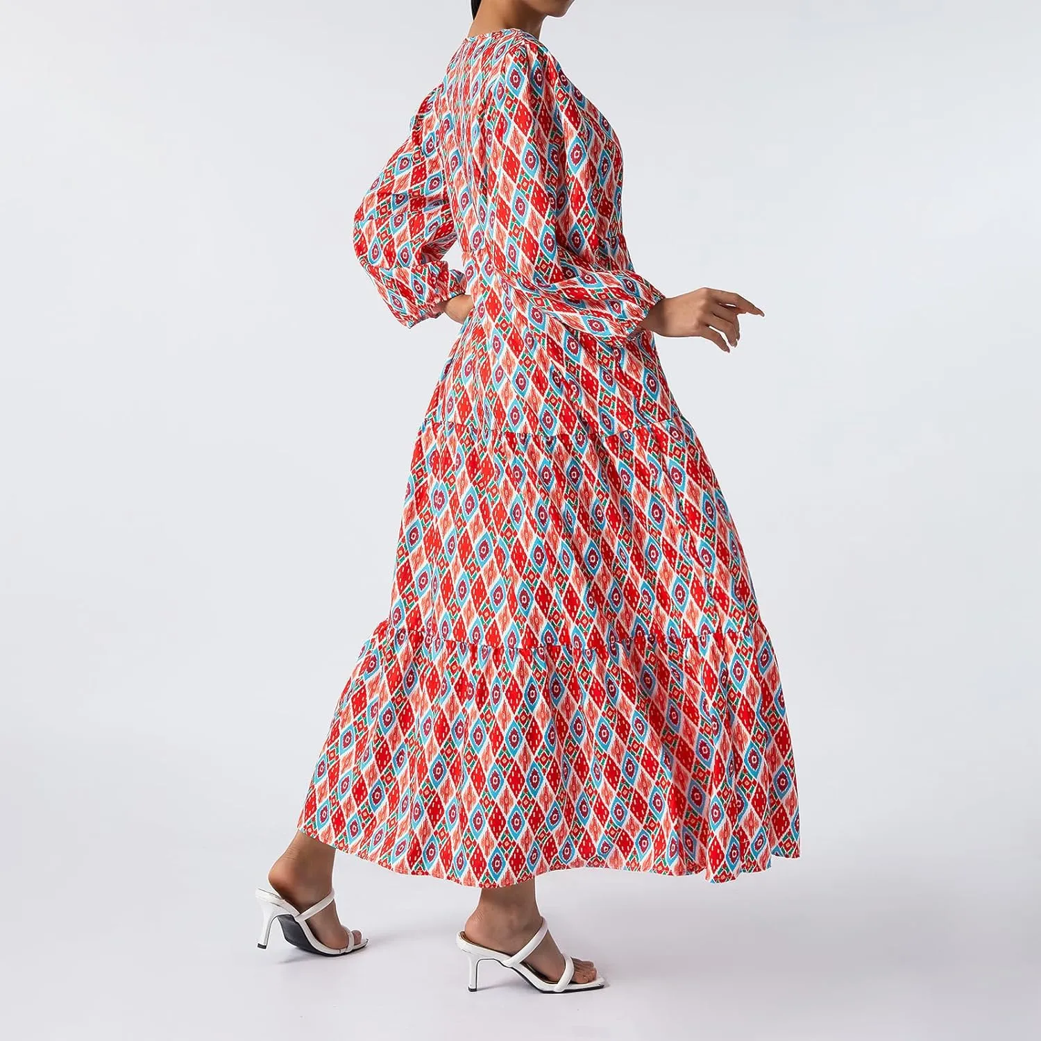 Women Boho Maxi Dress Casual Loose Fit V Neck Puff Sleeve Floral Flowy Swing Dresses Summer Beach Vacation Sundress
