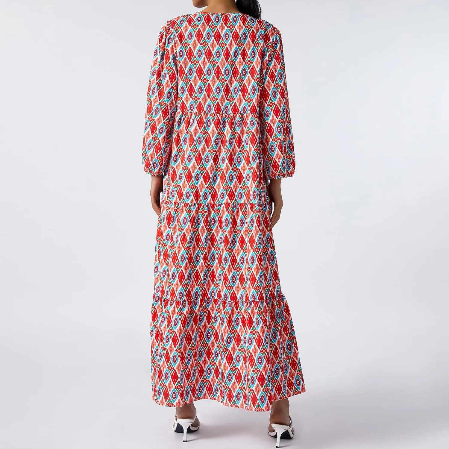 Women Boho Maxi Dress Casual Loose Fit V Neck Puff Sleeve Floral Flowy Swing Dresses Summer Beach Vacation Sundress