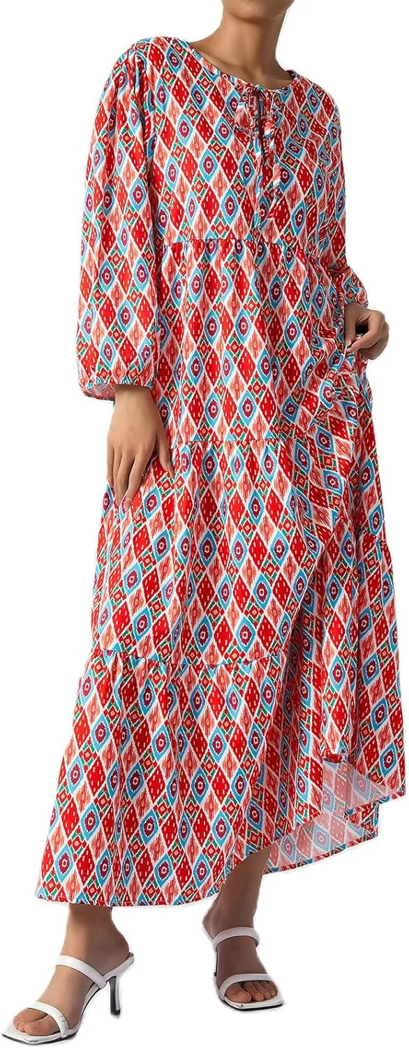 Women Boho Maxi Dress Casual Loose Fit V Neck Puff Sleeve Floral Flowy Swing Dresses Summer Beach Vacation Sundress