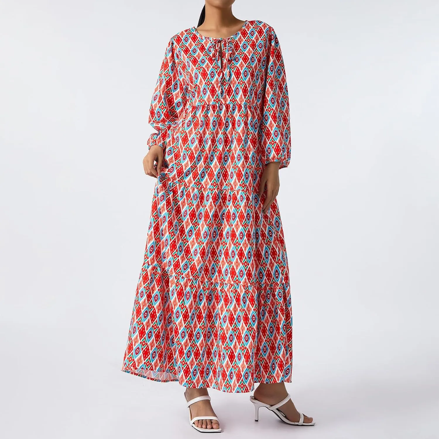 Women Boho Maxi Dress Casual Loose Fit V Neck Puff Sleeve Floral Flowy Swing Dresses Summer Beach Vacation Sundress