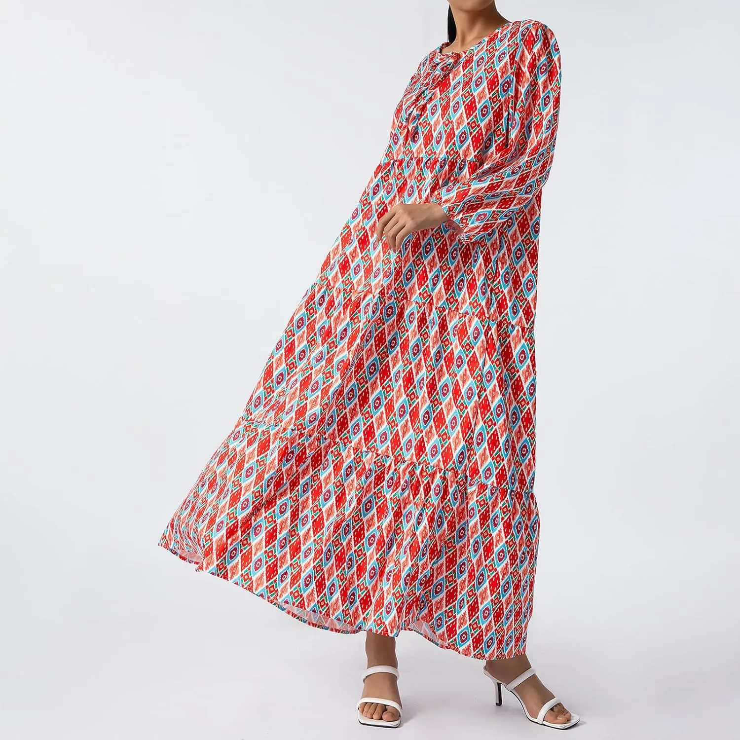Women Boho Maxi Dress Casual Loose Fit V Neck Puff Sleeve Floral Flowy Swing Dresses Summer Beach Vacation Sundress