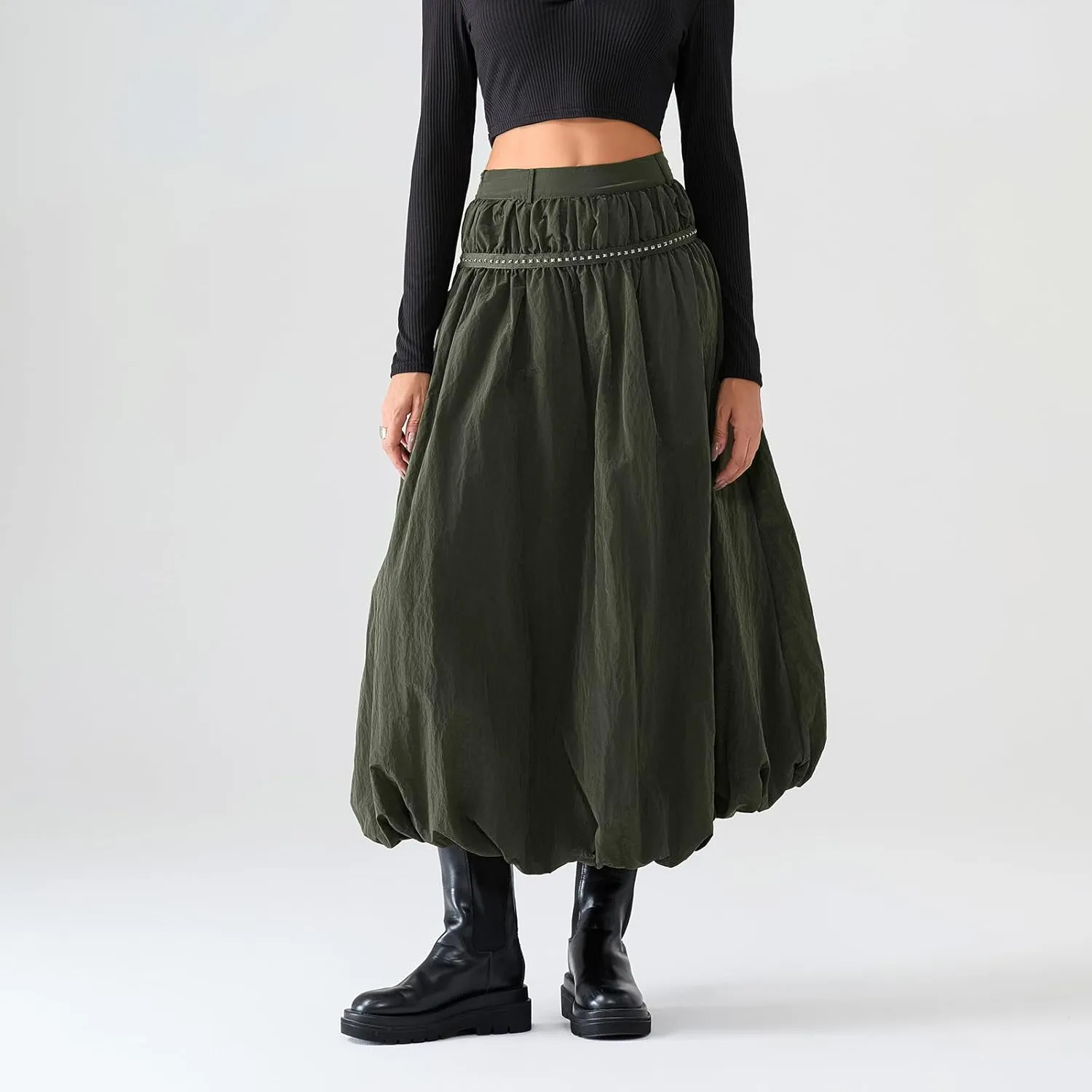 Women Bubble Maxi Skirt Ruffle Pleated Elastic Waist A-Line Long Skirt Y2k Aesthetic Midi Dress