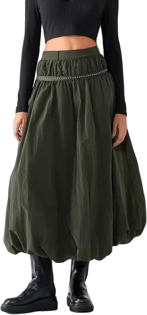 Women Bubble Maxi Skirt Ruffle Pleated Elastic Waist A-Line Long Skirt Y2k Aesthetic Midi Dress