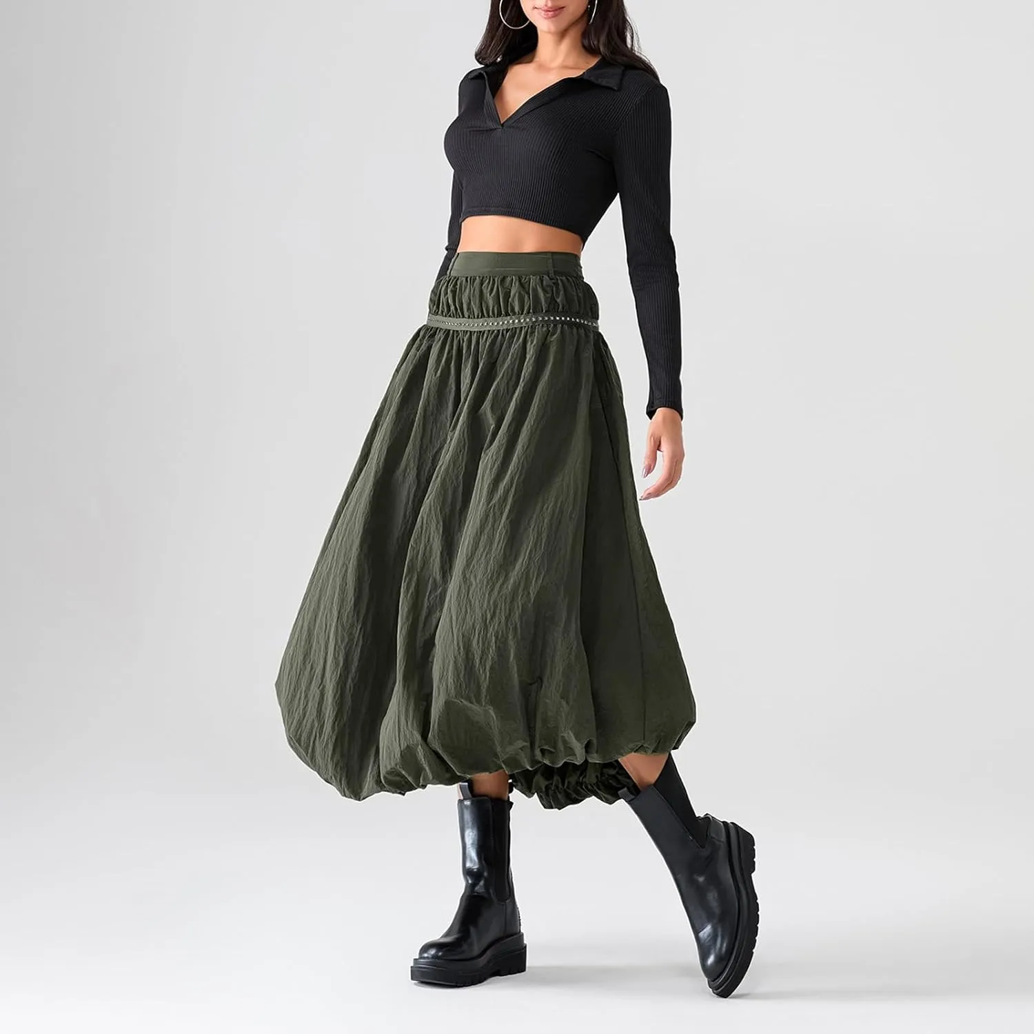 Women Bubble Maxi Skirt Ruffle Pleated Elastic Waist A-Line Long Skirt Y2k Aesthetic Midi Dress