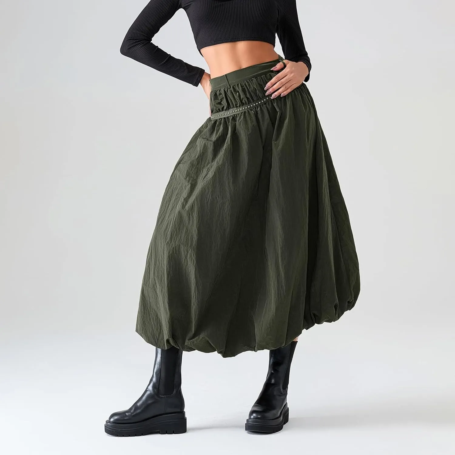Women Bubble Maxi Skirt Ruffle Pleated Elastic Waist A-Line Long Skirt Y2k Aesthetic Midi Dress