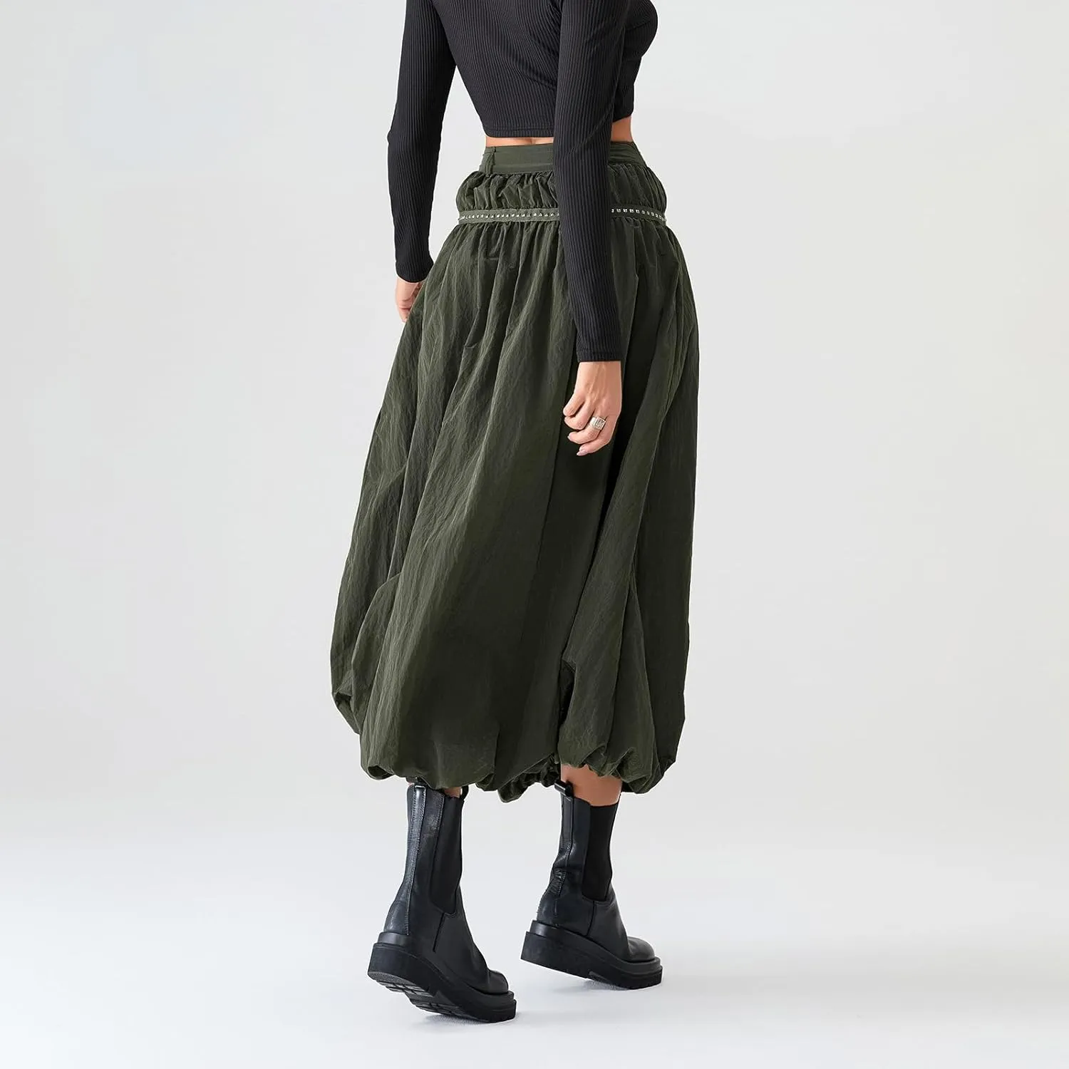 Women Bubble Maxi Skirt Ruffle Pleated Elastic Waist A-Line Long Skirt Y2k Aesthetic Midi Dress