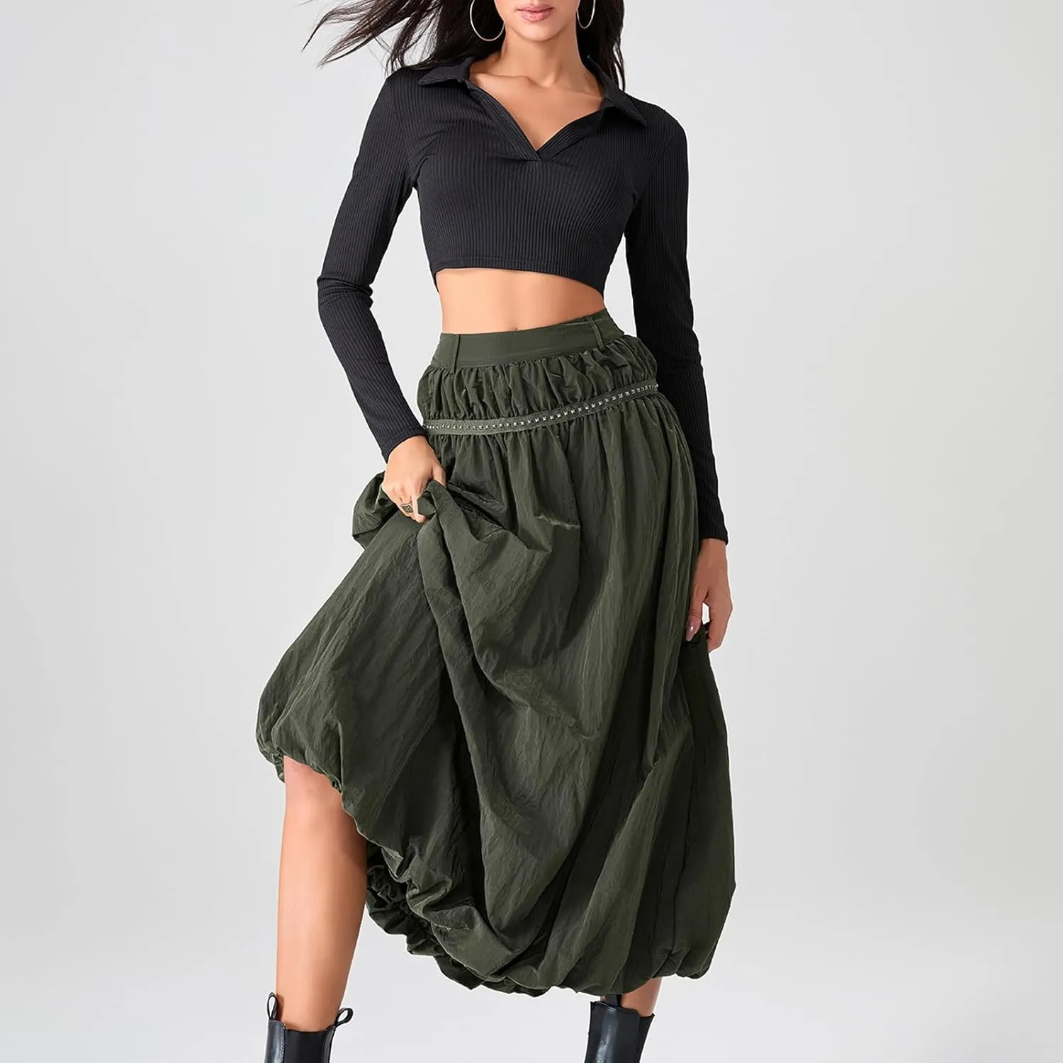 Women Bubble Maxi Skirt Ruffle Pleated Elastic Waist A-Line Long Skirt Y2k Aesthetic Midi Dress