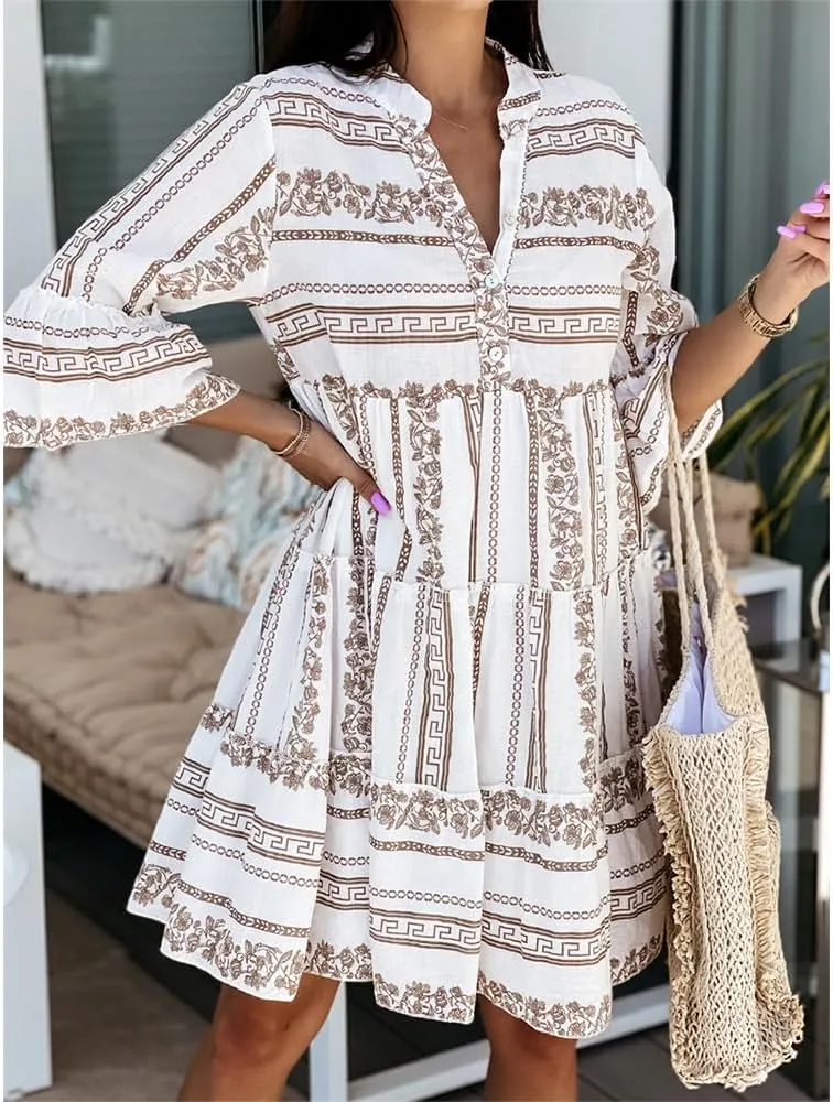 Women Casual 3/4 Sleeve Mini Dress Boho V Neck Floral Print Ruffle Summer Layered Smocked Flowy Midi Dresses