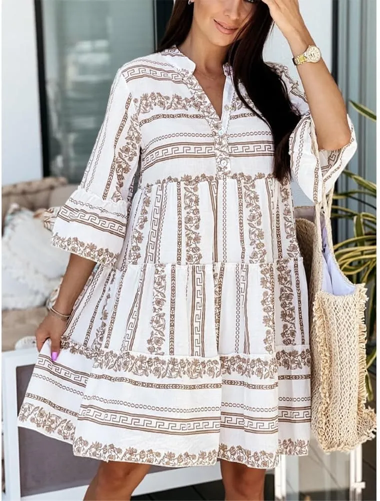 Women Casual 3/4 Sleeve Mini Dress Boho V Neck Floral Print Ruffle Summer Layered Smocked Flowy Midi Dresses