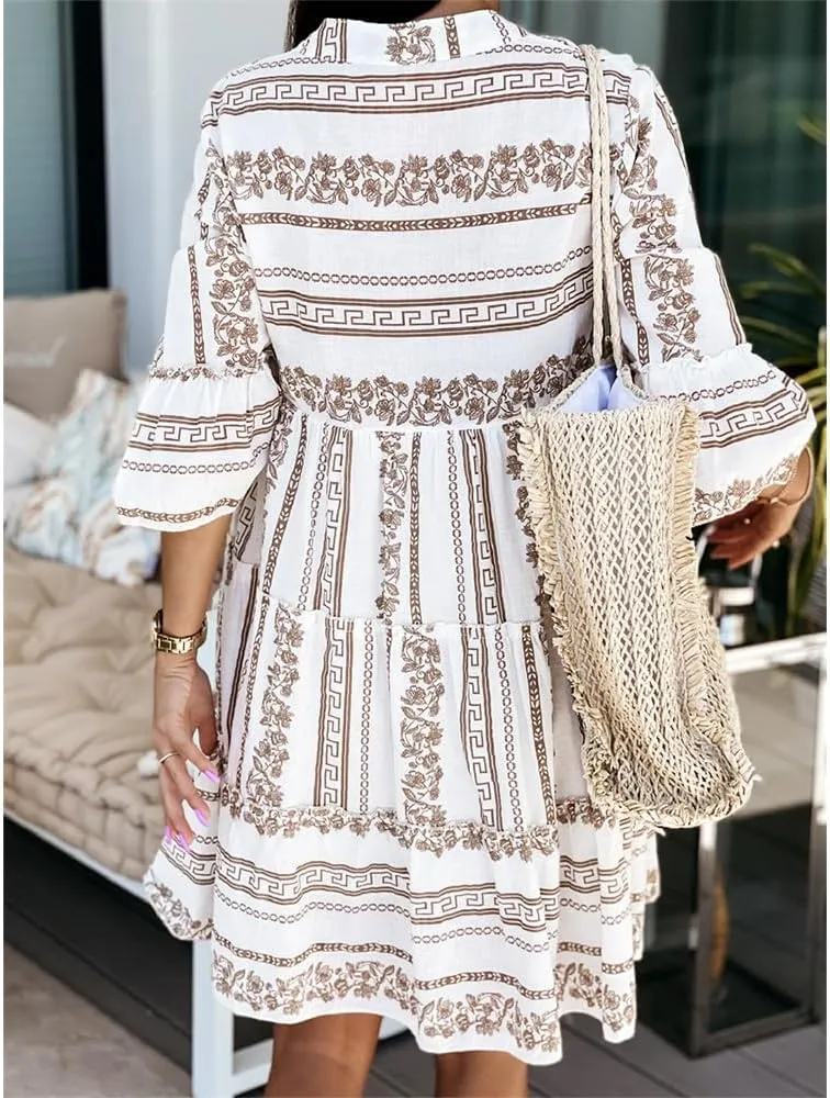 Women Casual 3/4 Sleeve Mini Dress Boho V Neck Floral Print Ruffle Summer Layered Smocked Flowy Midi Dresses