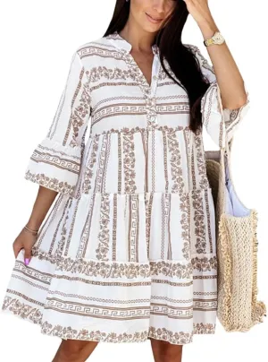 Women Casual 3/4 Sleeve Mini Dress Boho V Neck Floral Print Ruffle Summer Layered Smocked Flowy Midi Dresses