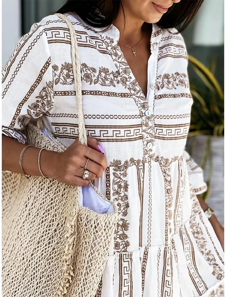 Women Casual 3/4 Sleeve Mini Dress Boho V Neck Floral Print Ruffle Summer Layered Smocked Flowy Midi Dresses