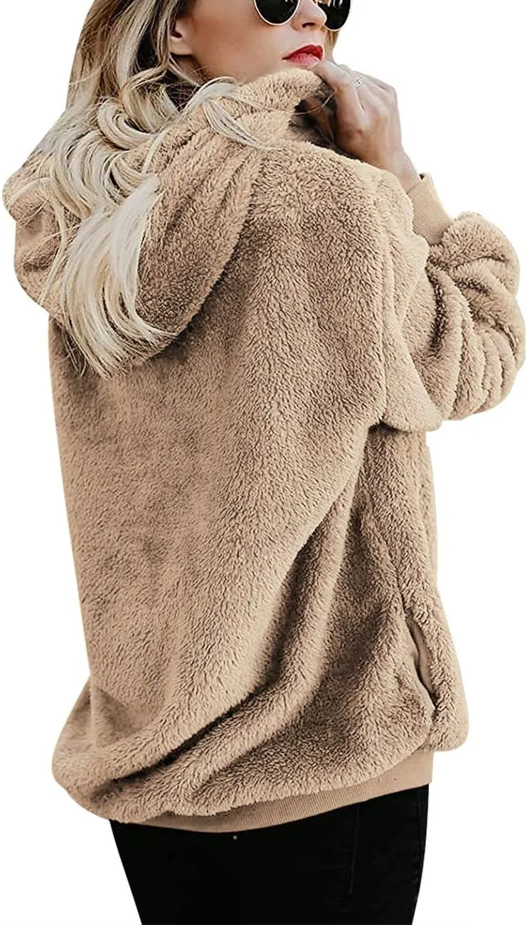 Women Casual Double Fuzzy Sweatshirt Faux Fleece Zip Pullover Hoodies Coat Outwear S-XXL