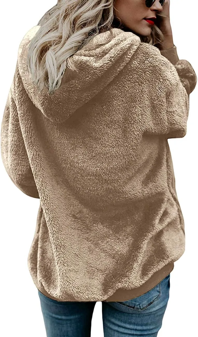 Women Casual Double Fuzzy Sweatshirt Faux Fleece Zip Pullover Hoodies Coat Outwear S-XXL