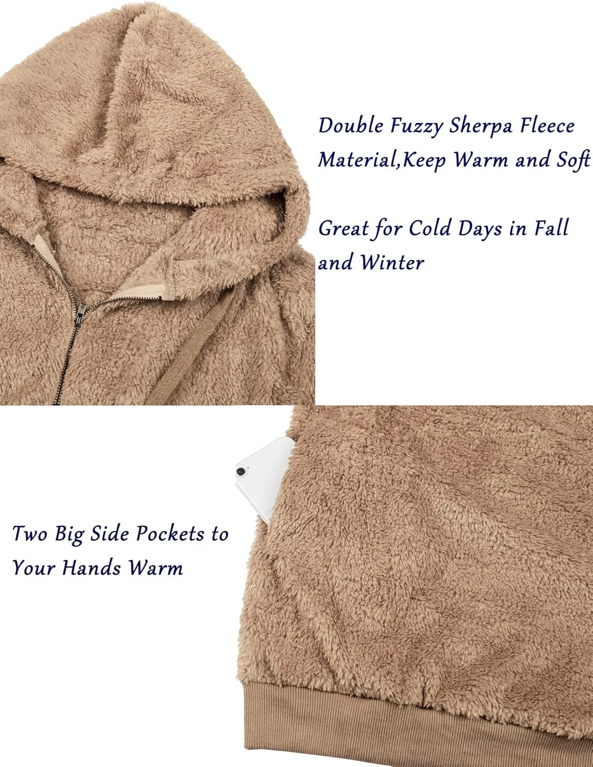 Women Casual Double Fuzzy Sweatshirt Faux Fleece Zip Pullover Hoodies Coat Outwear S-XXL