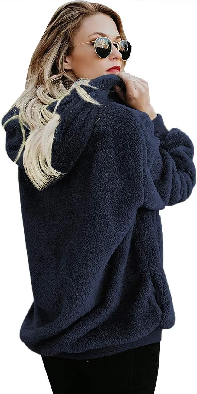 Women Casual Double Fuzzy Sweatshirt Faux Fleece Zip Pullover Hoodies Coat Outwear S-XXL