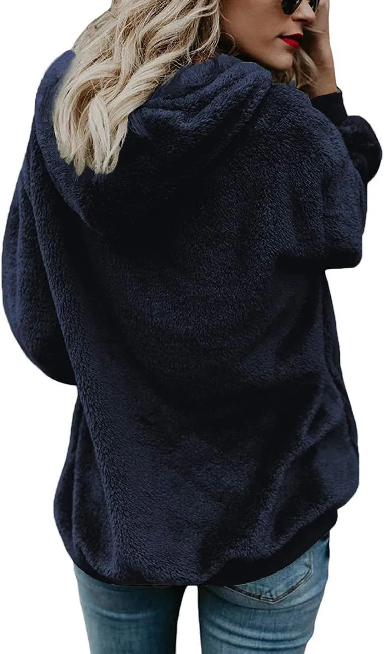 Women Casual Double Fuzzy Sweatshirt Faux Fleece Zip Pullover Hoodies Coat Outwear S-XXL