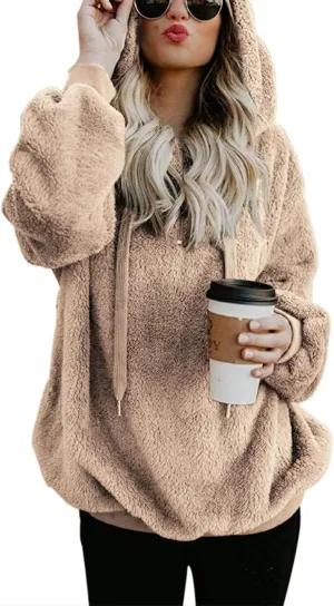 Women Casual Double Fuzzy Sweatshirt Faux Fleece Zip Pullover Hoodies Coat Outwear S-XXL