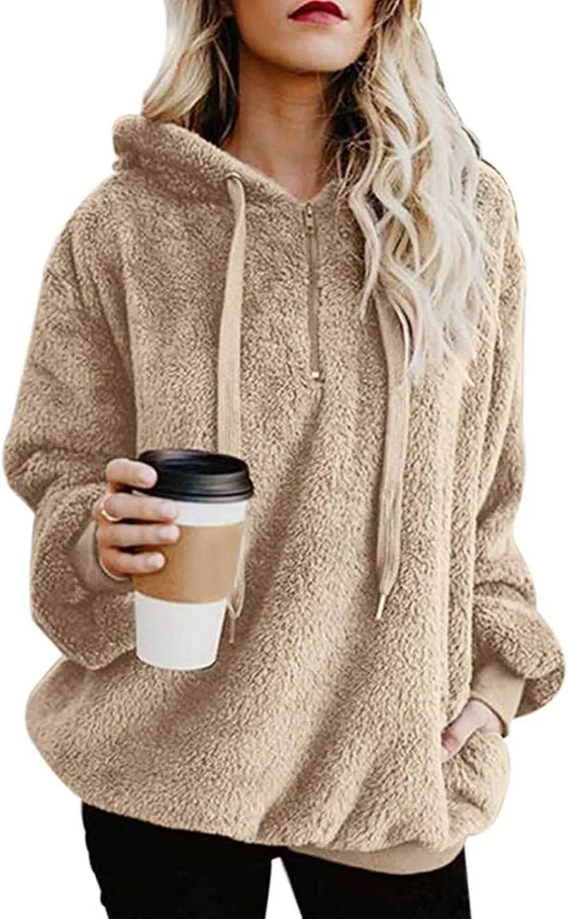 Women Casual Double Fuzzy Sweatshirt Faux Fleece Zip Pullover Hoodies Coat Outwear S-XXL