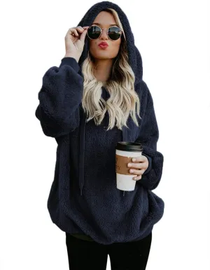 Women Casual Double Fuzzy Sweatshirt Faux Fleece Zip Pullover Hoodies Coat Outwear S-XXL