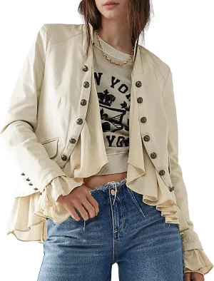Women Casual Ruffles Jacket High Low Hem Steampunk Blazers Button up Romance Open Front Cotton Cardigan