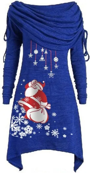Women Dresses Christmas Printed Casual Full Sleeve Foldover Off The Shoulder Pleated Collar Drawstring Dress Plus Size