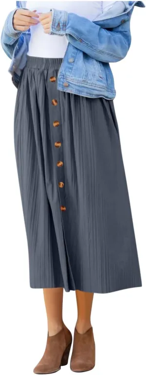 Women Front Button A-Line Midi Skirt Summer Casual High Waisted Skirts Trendy Casual Solid Color Flowy Pleated Skirt