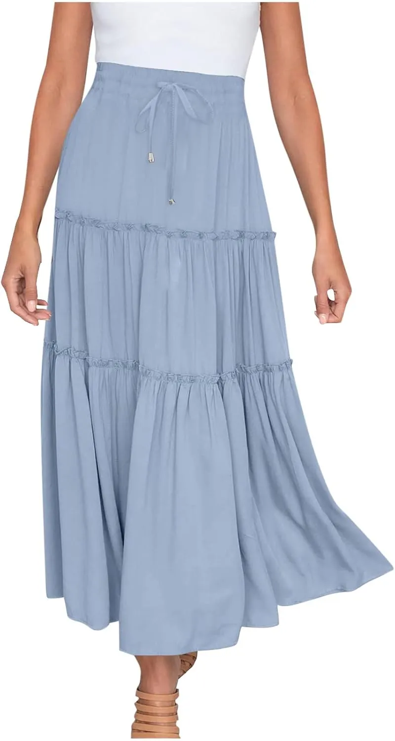 Women High Waist Casual Maxi Skirts Elastic Drawstring Pleated Long Skirt Loose Swing Beach Boho Skirt Half Dress